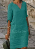 Vestido Feminino Vintage de Verão – Mini em Algodão e Linho Vestido feminino casual, leve e elegante, com decote em V e mangas três quartos. Feito em algodão e linho, ideal para verão, férias e passeios, combinando conforto e estilo clássico vintage.
