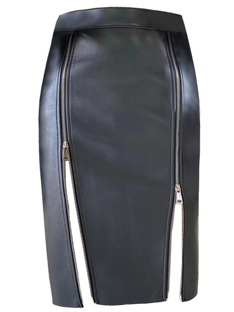 Saia Midi Feminina de Couro PU – Cintura Alta com Fendas Duplas e Zíper, Estilo Coreano