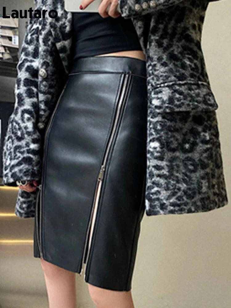 Saia Midi Feminina de Couro PU – Cintura Alta com Fendas Duplas e Zíper, Estilo Coreano