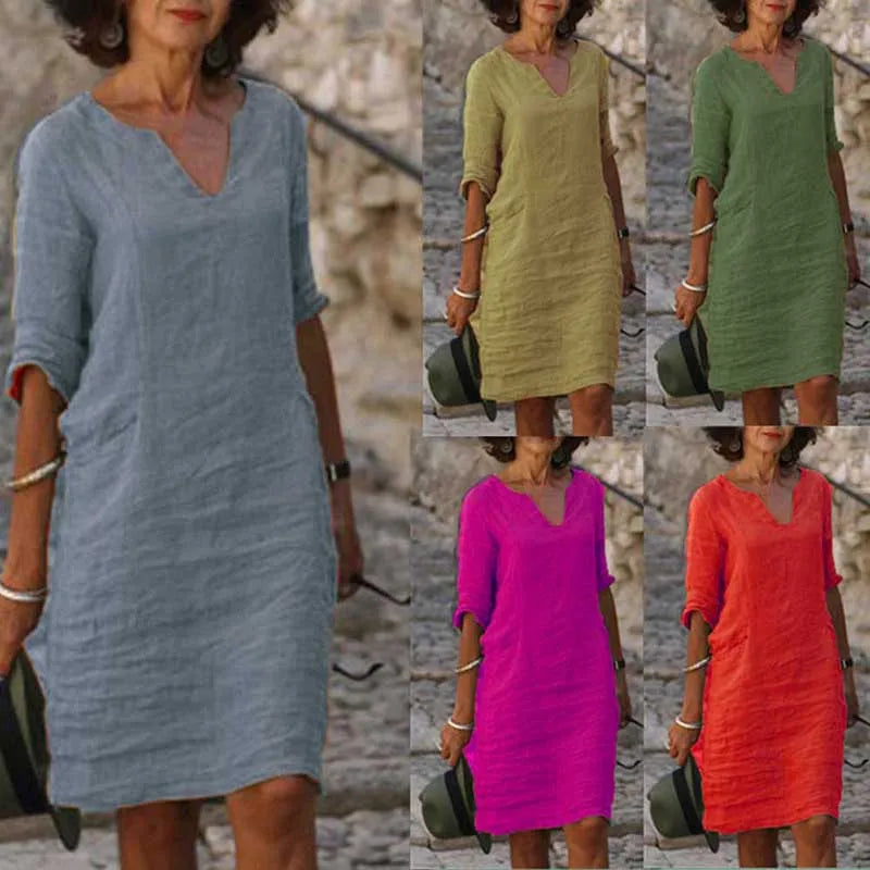 Vestido Feminino Vintage de Verão – Mini em Algodão e Linho Vestido feminino casual, leve e elegante, com decote em V e mangas três quartos. Feito em algodão e linho, ideal para verão, férias e passeios, combinando conforto e estilo clássico vintage.