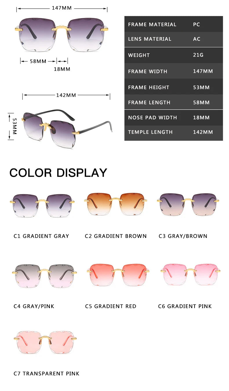 Óculos de Sol Feminino e Masculino – Quadrado, Sem Aro, Lentes Vermelhas UV400