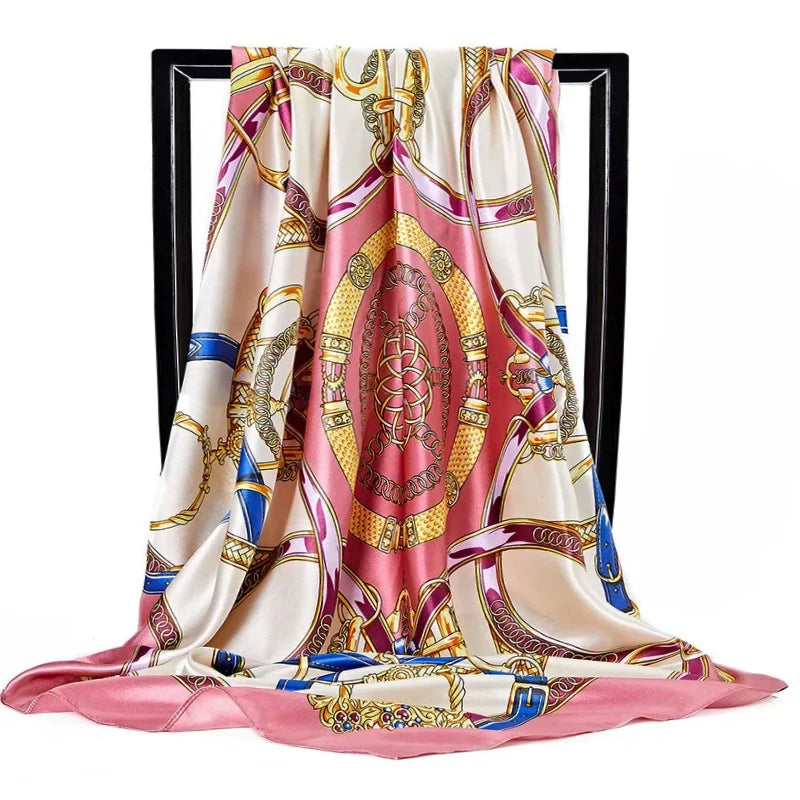Lenço Quadrado Feminino 90x90cm – Cetim Toque de Seda, Estampado Fashion, Echarpe/Scarf/ Bandana de Luxo