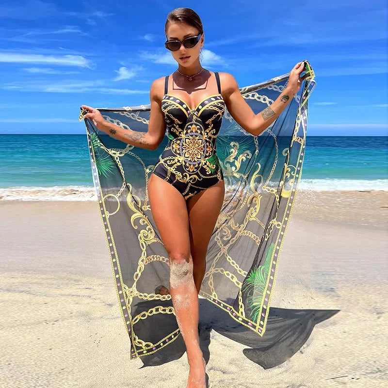 Curta o verão com estilo neste maiô feminino push-up com decote em V e saída de praia combinando. Seu design vintage valoriza a silhueta, garantindo conforto e elegância na praia ou piscina.
