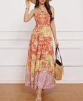 Saia Longa Feminina de Verão – Tomara que Caia e Alças Expostas, Estampada, Elegante e Sexy, Costas Nuas, Vestido com Decote Halter.