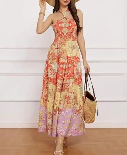 Saia Longa Feminina de Verão – Tomara que Caia e Alças Expostas, Estampada, Elegante e Sexy, Costas Nuas, Vestido com Decote Halter.