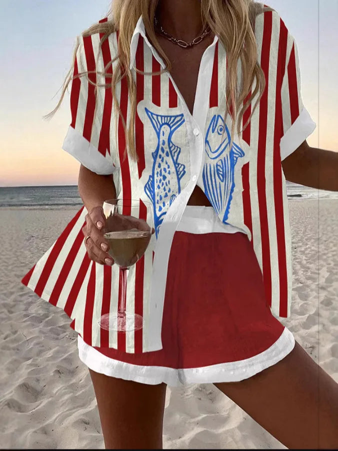 Conjunto Feminino 2 Peças 2025 – Camisa de Botões + Shorts Pantalona Estampados