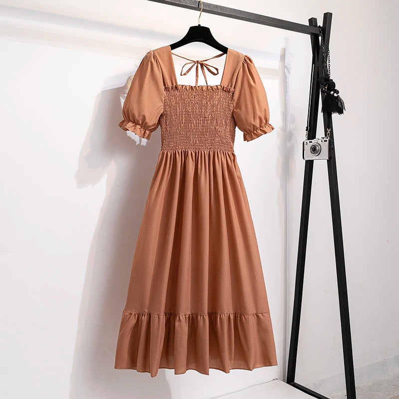 Vestido Feminino Primavera/Verão Chiffon Manga Curta Cintura Elástica A-Line Casual