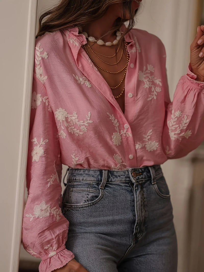 Blusa Feminina de Outono com Bordado – Manga Longa e Gola Lapela