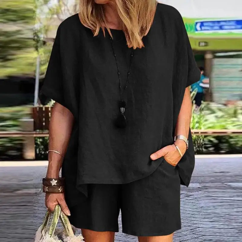 Conjunto Feminino Casual de Verão 2024 – 2 Peças: Blusa de Manga Curta + Shorts de Perna Larga, Camisa e Shorts em Algodão e Linho