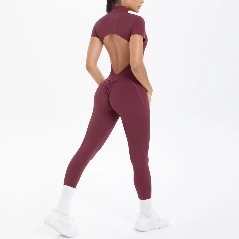 Macacão Fitness Feminino – Body de Manga Curta, Costas Abertas, Cor Lisa, Detalhe Franzido, Zíper Frontal, Conjunto de Yoga e Academia