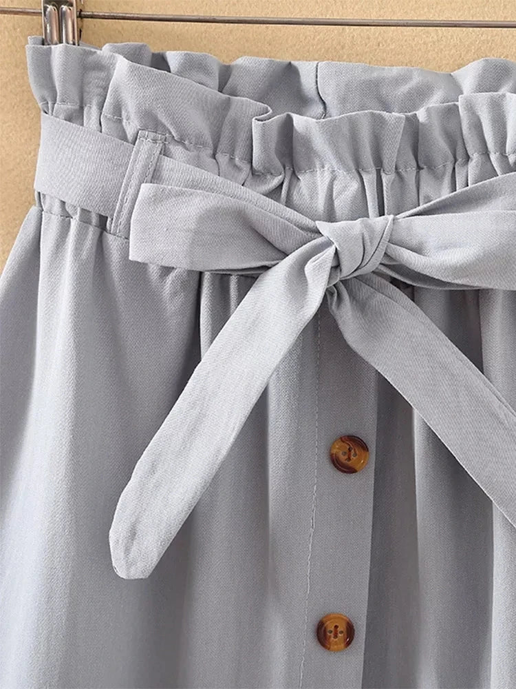 Saia Midi Feminina – Cintura Alta, Botões e Plissada Estilo Coreano