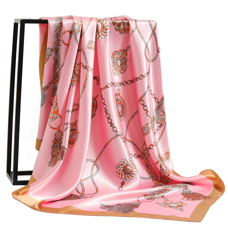 Lenço Quadrado Feminino 90x90cm – Cetim Toque de Seda, Estampado Fashion, Echarpe/Scarf/ Bandana de Luxo