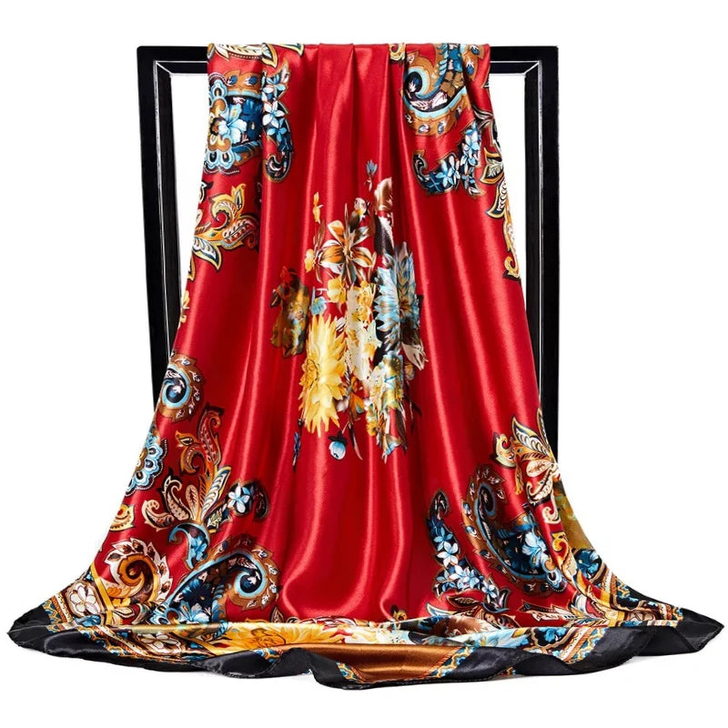 Lenço Quadrado Feminino 90x90cm – Cetim Toque de Seda, Estampado Fashion, Echarpe/Scarf/ Bandana de Luxo