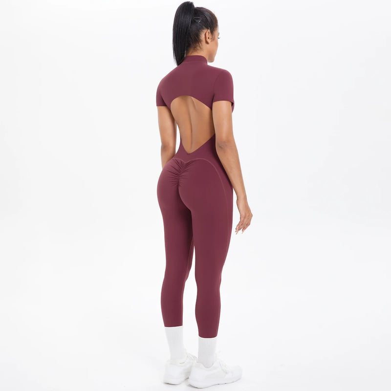 Macacão Fitness Feminino – Body de Manga Curta, Costas Abertas, Cor Lisa, Detalhe Franzido, Zíper Frontal, Conjunto de Yoga e Academia