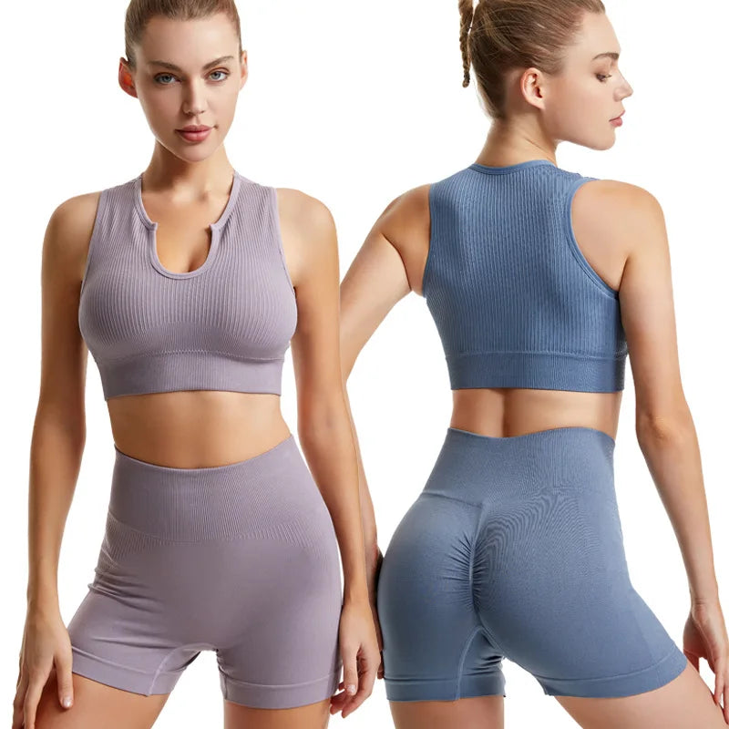 Conjunto Esportivo Feminino 2 Peças – Top Fitness com Shorts Ciclismo, Roupas de Academia, Elásticas e Confortáveis para Yoga e Treinos