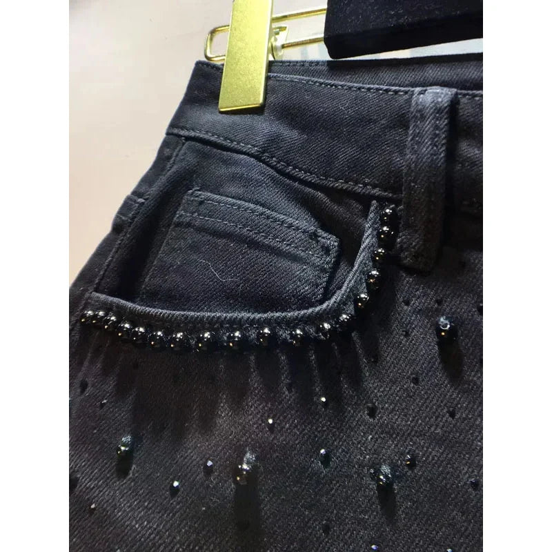 Calças Femininas de Verão 2025 – Jeans Patchwork com Bordado, Strass e Renda, Cintura Alta