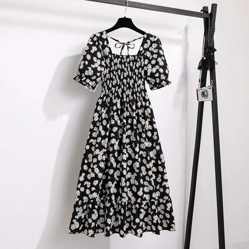 Vestido Feminino Primavera/Verão Chiffon Manga Curta Cintura Elástica A-Line Casual