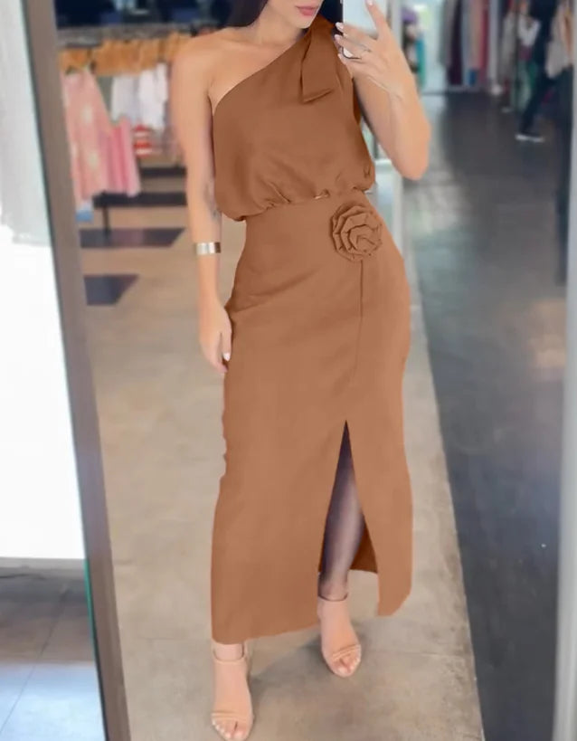 Conjunto Feminino 2025 – Top Sem Manga e Vestido Fenda com Estampa 3D