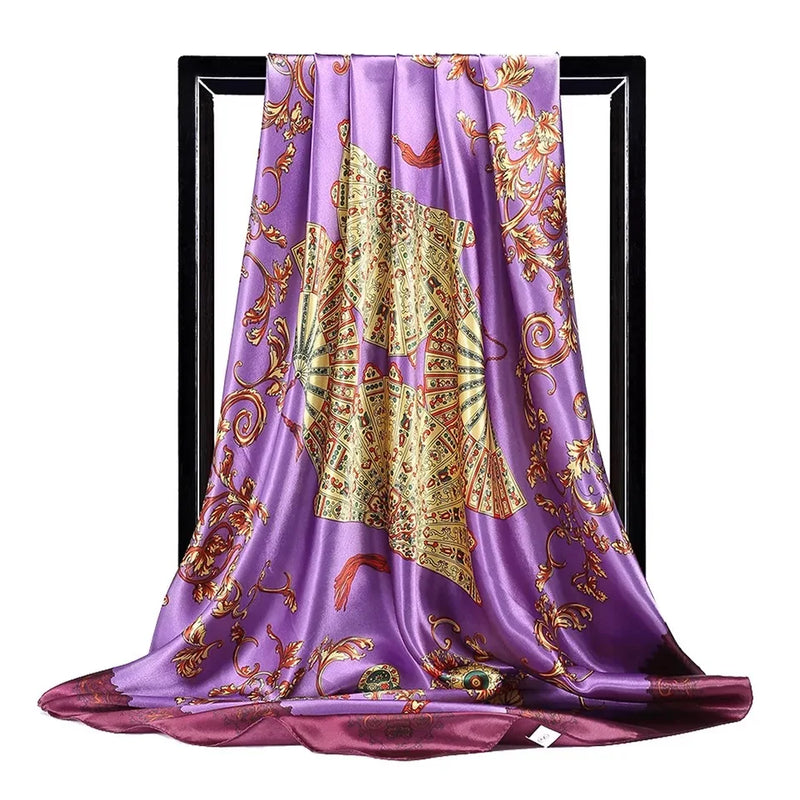 Lenço Quadrado Feminino 90x90cm – Cetim Toque de Seda, Estampado Fashion, Echarpe/Scarf/ Bandana de Luxo