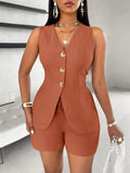 Renove seu guarda-roupa de verão com este conjunto feminino 2 peças 2025. Composto por top elegante com botões e shorts de cintura alta