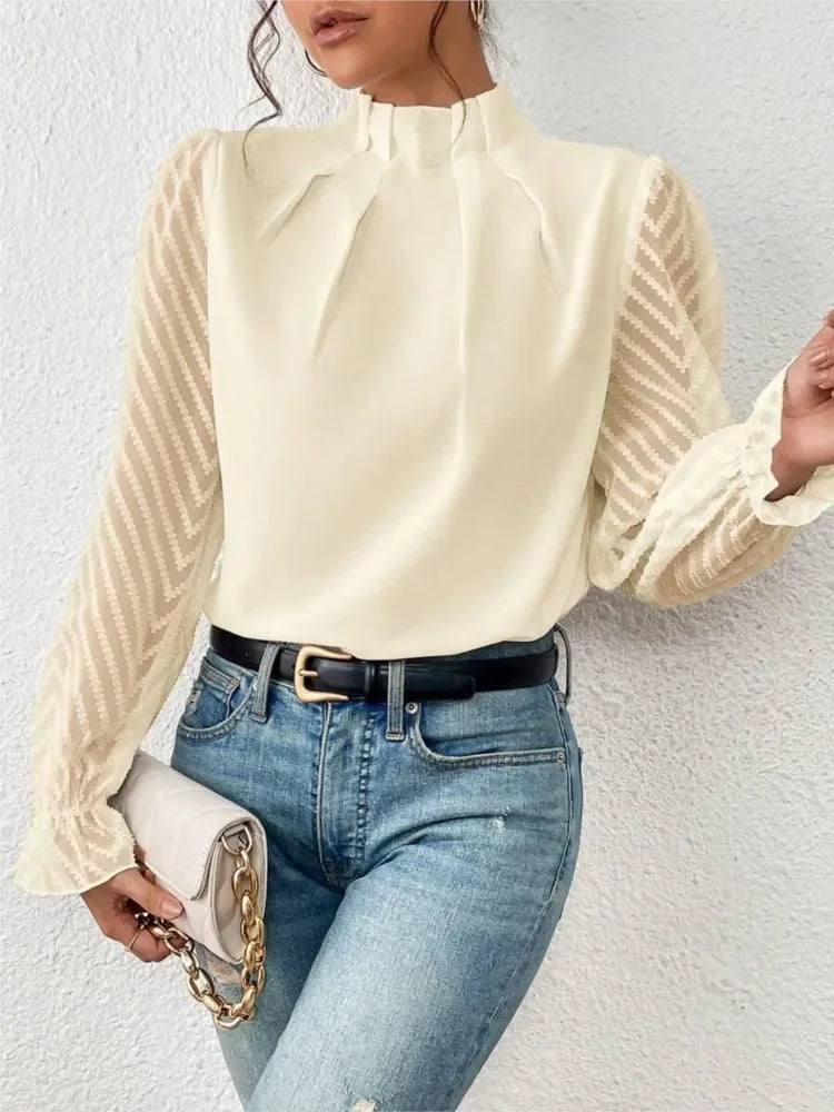 Autumn Elegant Ladies Office Shirt Tops Fashion Lace Long Sleeve T-Shirts Chiffon Shirts Casual Slim Mock Neck Blouse For Womens