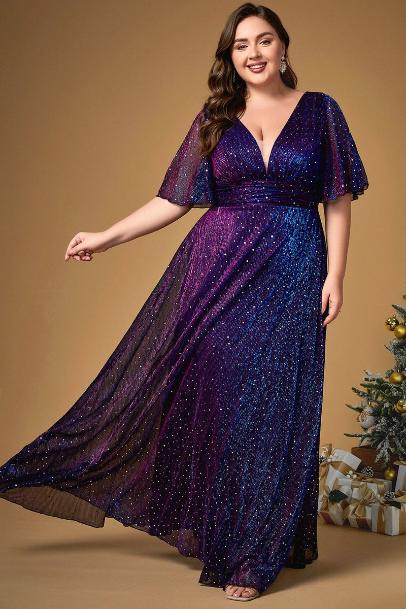 Vestido maxi feminino elegante com decote profundo em V, mangas com babados e cintura império. Confeccionado em tecido de tule roxo com paetês brilhantes, perfeito para festas