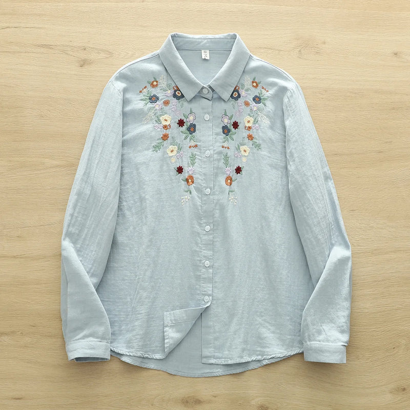Blusa Feminina 100% Algodão – Bordado Floral, Cores Azul, Rosa e Cinza – Primavera