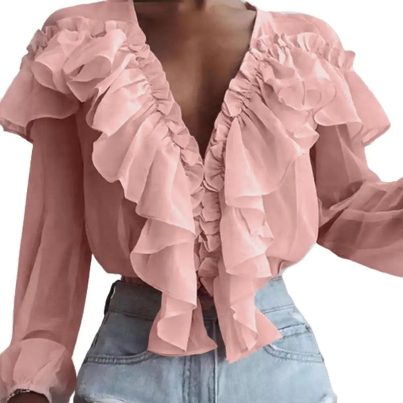 Blusa Feminina 2024 – Gola com Babados Estilo Francês, Manga Longa