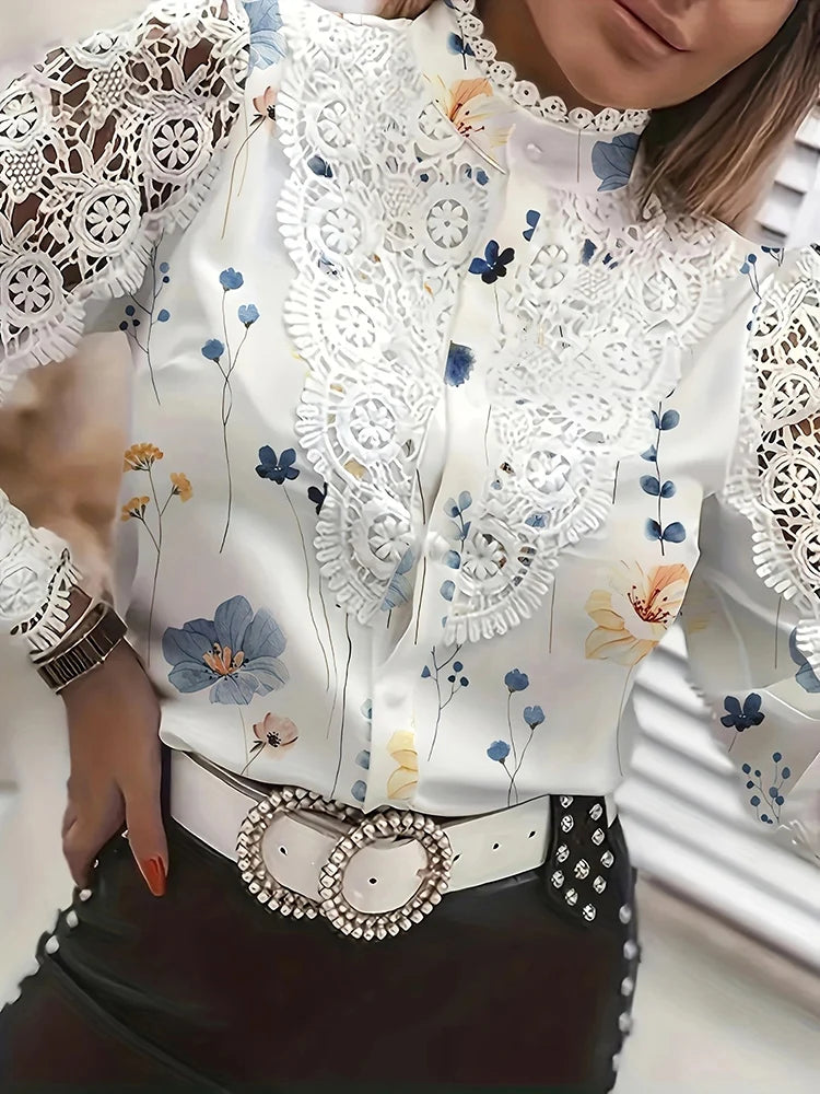 Blusa Feminina Elegante 2025 – Office, Gola, Renda Patchwork e Detalhes Hollow Out  Blusa feminina elegante com gola clássica, ideal para escritório ou ocasiões formais