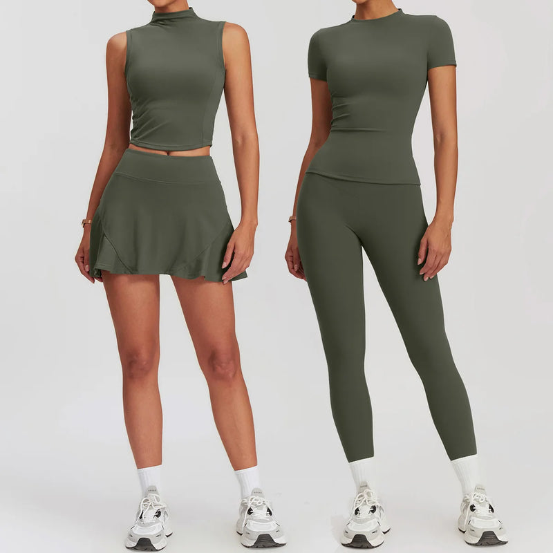 Conjunto Fitness Feminino 2 Peças – Saia com Legging + Regata e Shorts, Conjunto de Yoga, Academia e Treinos, Sportswear Seamless