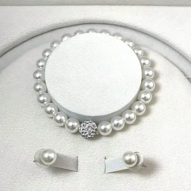 Conjunto de Joias Femininas 3 Peças – Colar, Pulseira e Brincos com Pérola Imitada e Cristais, Prateado, Elegante