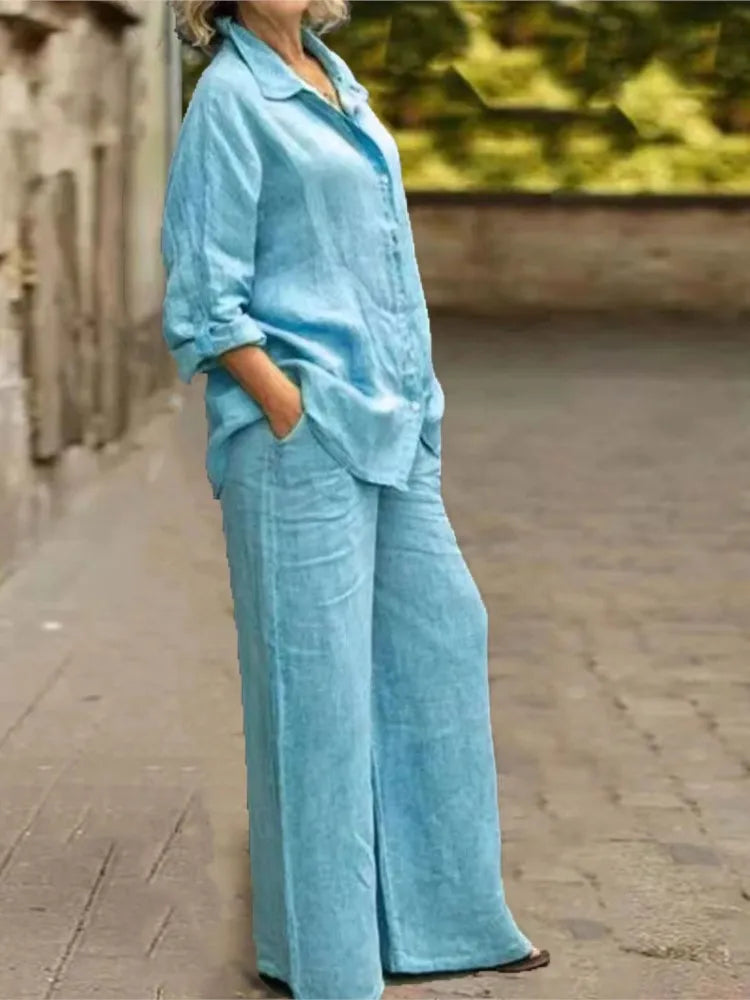 Conjunto Feminino de Algodão e Linho – Blusa de Manga Longa e Calça Pantalona Conjunto elegante e confortável para primavera e outono, composto por blusa de manga longa e calça de perna larga em algodão e linho