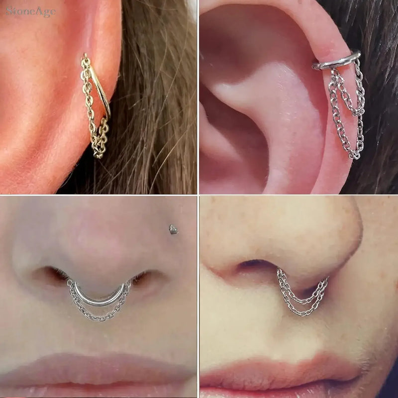 Brincos Femininos de Aço Titânio – Argola com Pingente e Tassel em Zircônia para Cartilagem