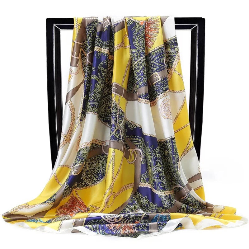 Lenço Quadrado Feminino 90x90cm – Cetim Toque de Seda, Estampado Fashion, Echarpe/Scarf/ Bandana de Luxo
