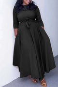 Vestido Midi Plus Size Cáqui Casual 2025 Feminino – Decote Redondo com Bolsos e Amarração.