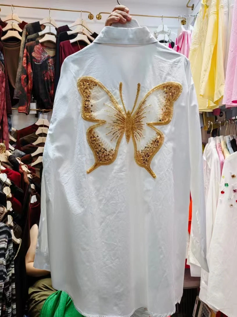 Blusa Feminina Branca em Algodão com Bordado de Borboletas e Paetês – Estilo Luxo 2026