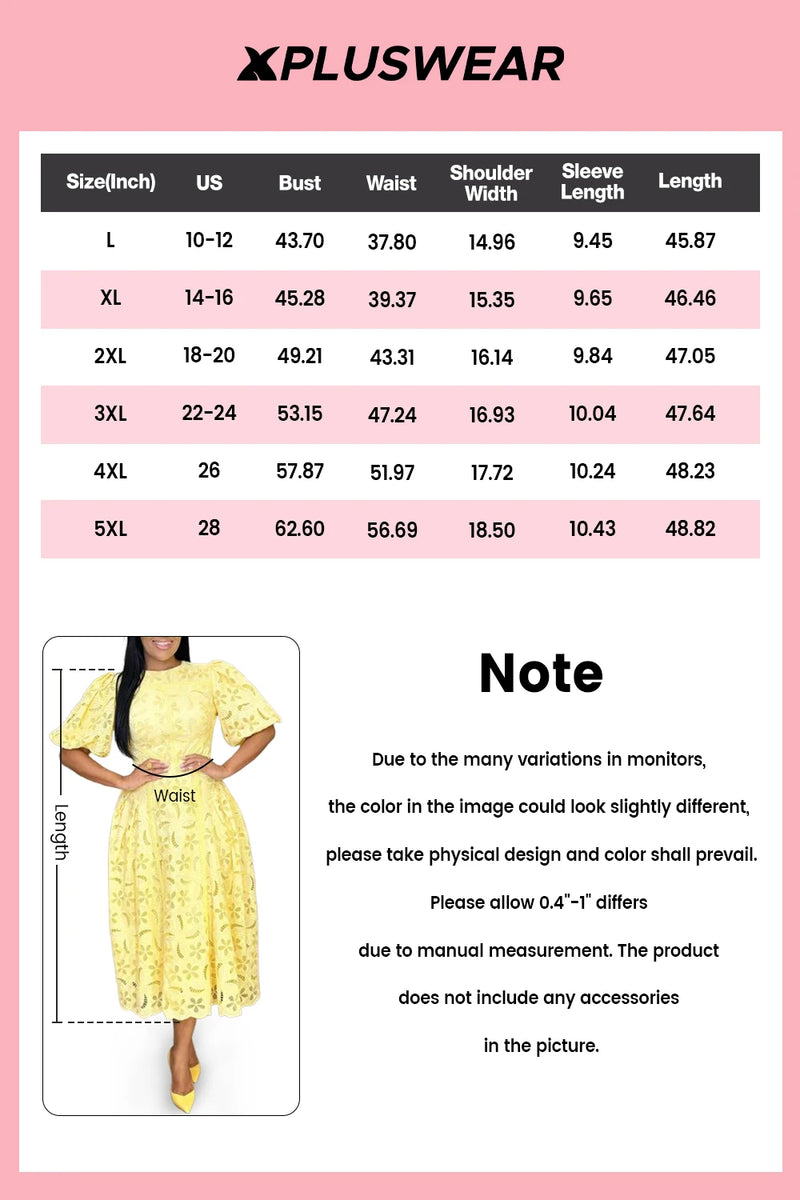 Vestido Midi de Renda Elegante Plus Size – Ideal para convidadas de casamento, em tom amarelo sofisticado, com decote redondo, mangas curtas e delicados recortes que valorizam a silhueta.