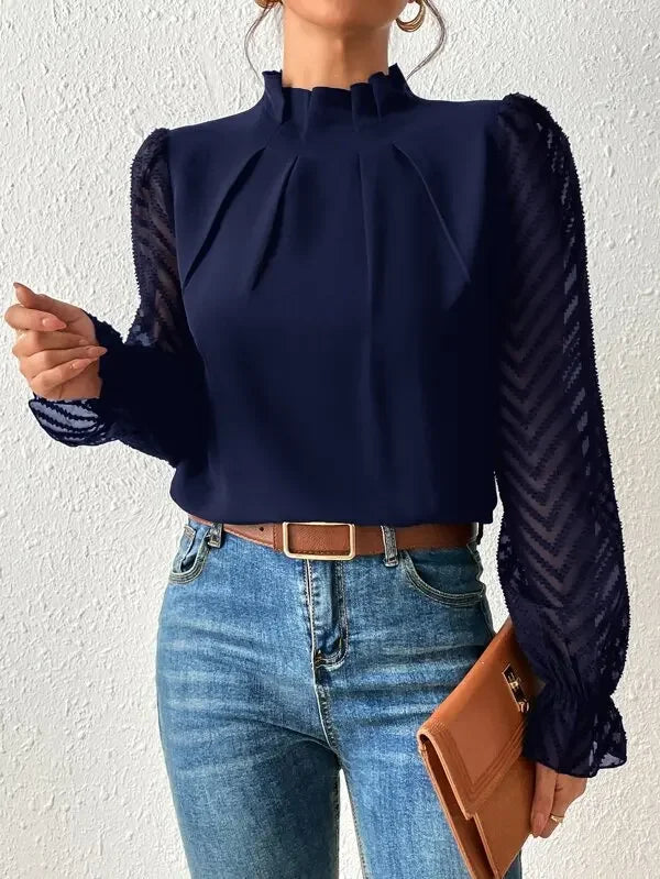 Autumn Elegant Ladies Office Shirt Tops Fashion Lace Long Sleeve T-Shirts Chiffon Shirts Casual Slim Mock Neck Blouse For Womens