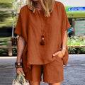 Conjunto Feminino Casual de Verão 2024 – 2 Peças: Blusa de Manga Curta + Shorts de Perna Larga, Camisa e Shorts em Algodão e Linho