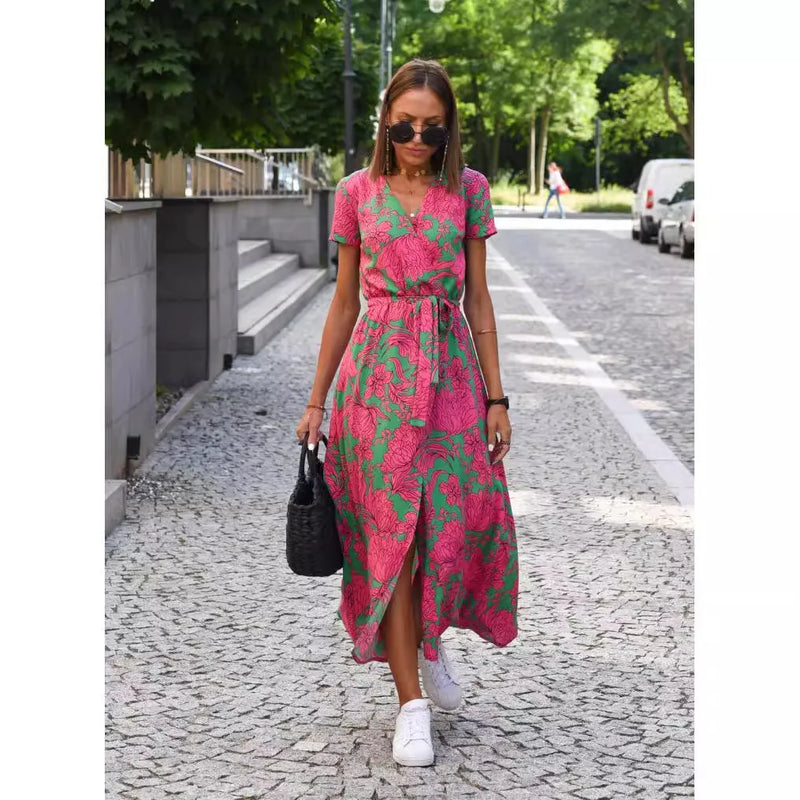 Vestido Feminino de Verão – Estampado, Decote em V, Cinto, Manga Curta, Saia Midi com Fenda e Renda