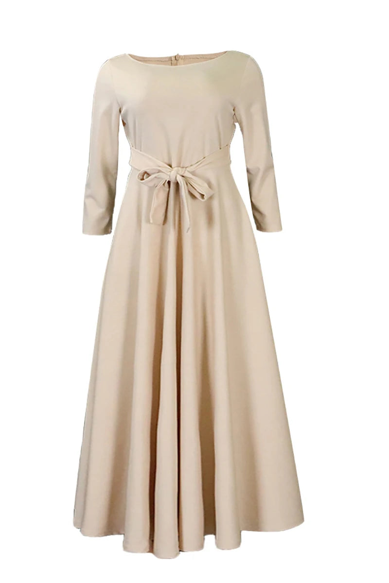 Vestido Midi Plus Size Cáqui Casual 2025 Feminino – Decote Redondo com Bolsos e Amarração.