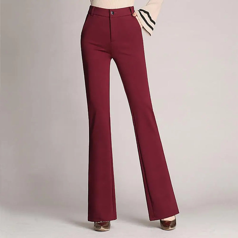 Calça Feminina Flare – Cintura Alta, Cores Sólidas, Elástica, Formal, Longa, Estilo Office Lady