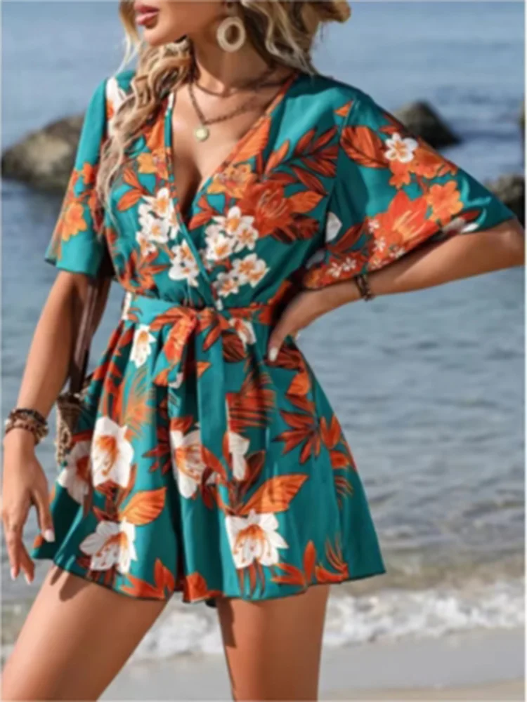 Macacão Feminino Estampado – Decote V, Manga Curta, Cintura Alta, Solto e Confortável para Verão/Praia