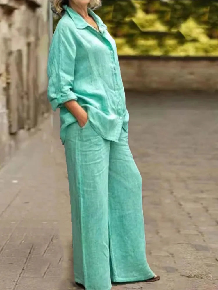 Conjunto Feminino de Algodão e Linho – Blusa de Manga Longa e Calça Pantalona Conjunto elegante e confortável para primavera e outono, composto por blusa de manga longa e calça de perna larga em algodão e linho