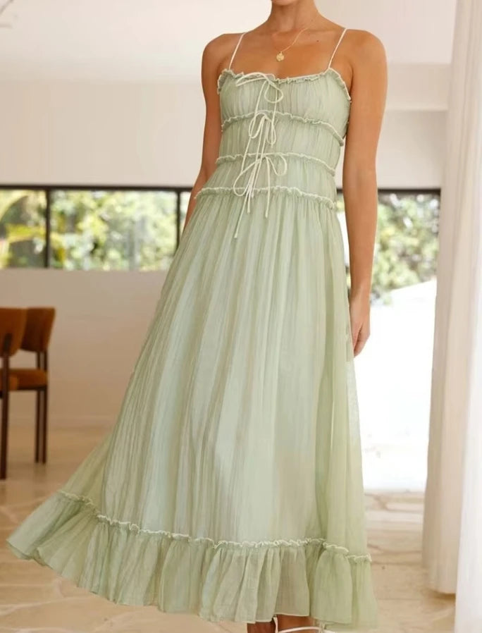 Vestido Feminino 2025 – Verão, Estampa Floral, Halter, Sem Manga, Cintura Alta com Detalhes de Amarração, Saia Plissada, Fashion, Casual, A-Line, Midi.