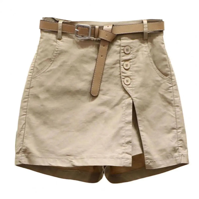 Shorts Feminino Falso Dois Peças – Cintura Alta, Botões Decorativos e Fenda Lateral