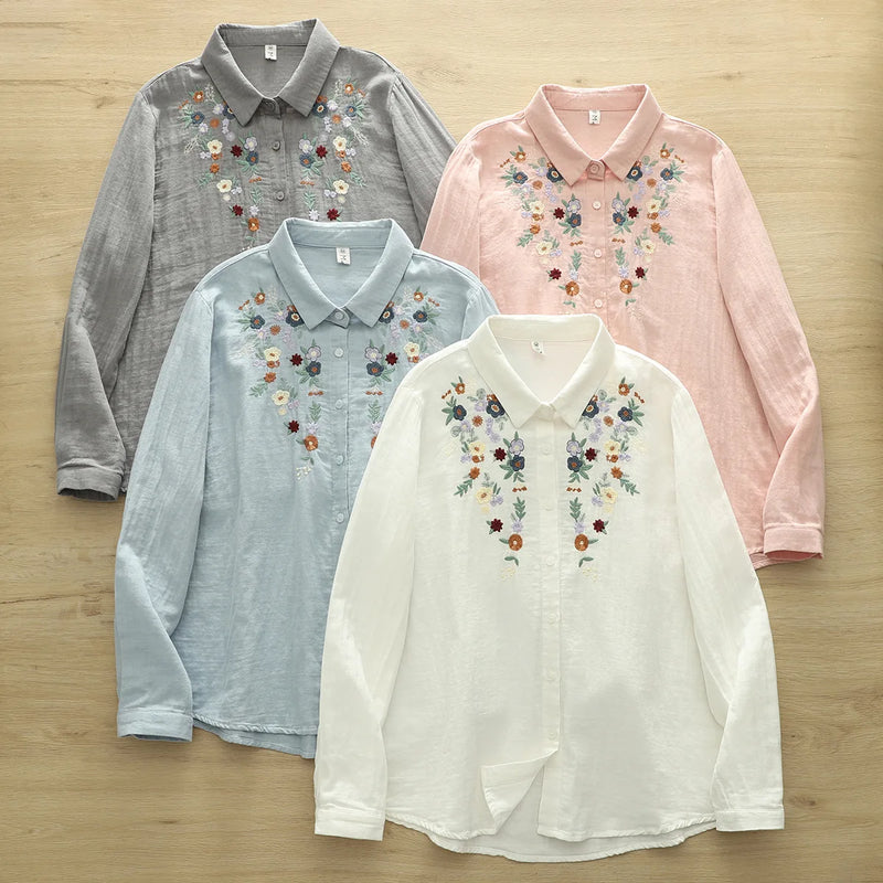 Blusa Feminina 100% Algodão – Bordado Floral, Cores Azul, Rosa e Cinza – Primavera