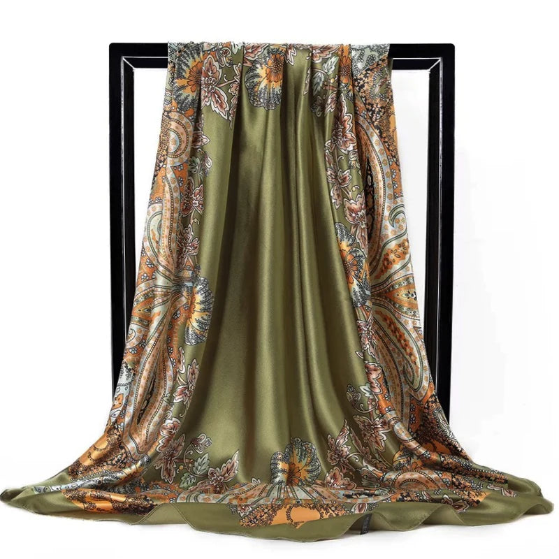 Lenço Quadrado Feminino 90x90cm – Cetim Toque de Seda, Estampado Fashion, Echarpe/Scarf/ Bandana de Luxo