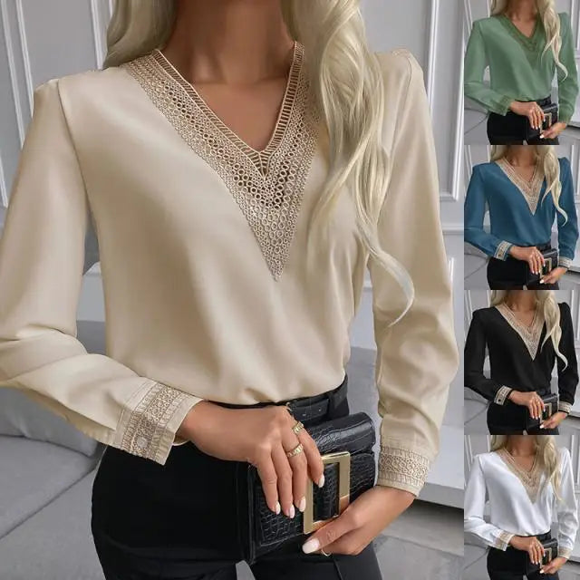 Camisa Feminina Elegante em Renda – Decote V, Manga Longa e Estilo Casual de Outono  Design elegante com decote em V, perfeito para looks sofisticados  Detalhes em renda, adicionando charme e delicadeza  Manga longa, ideal para conforto e estilo casual