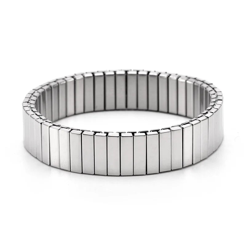 Pulseira Feminina de Aço Titânio com Coração – Design Elástico, Banhada a Ouro